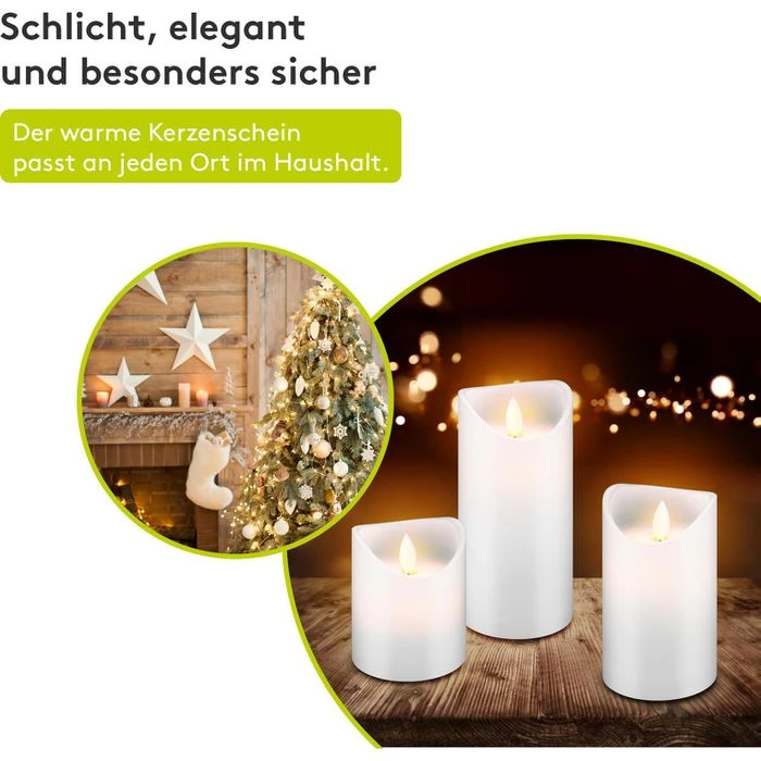 Goobay LED-Kerze Echtwachs Weiß, 10–15 X 7,5 Cm (HxØ), Mit Pendeldocht, 3er Set 5 Goobay LED-Kerze Echtwachs Weiß, 10–15 X 7,5 Cm (HxØ), Mit Pendeldocht, 3er Set – Bild 5